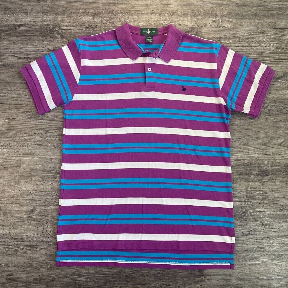 VTG 90s Preppy Streetwear Hunt Club Purple Blue White Striped Polo Shirt Sz Lrg
